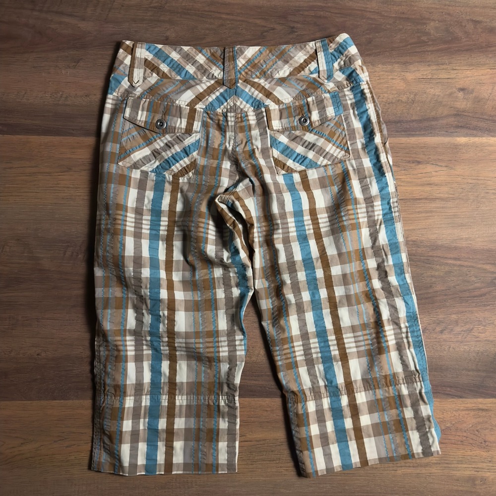 Patagonia Womens Plaid Cropped Pants Brown Blue Organic Cotton Capris Size 10 - Picture 2 of 5